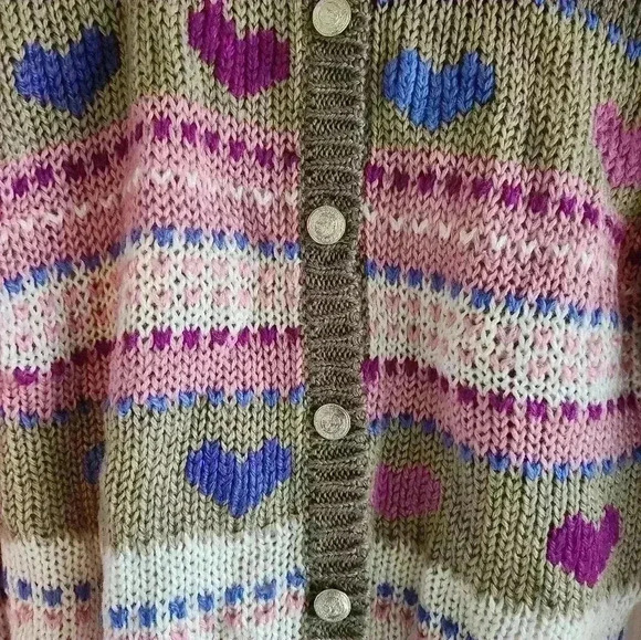 JF Adams Cute Hearts Striped Sz Large Sweater Knit Ivory Pink Tan - Picture 6 of 7